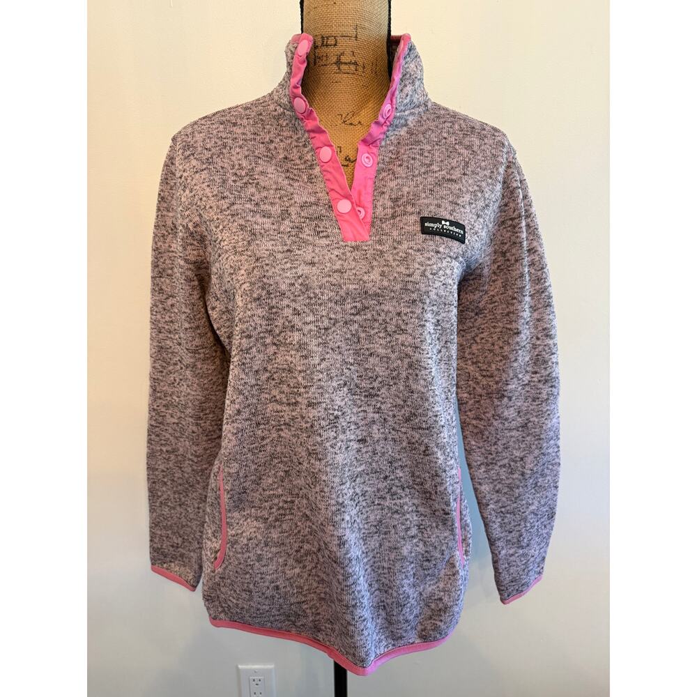 Simply Southern Heather Gray and Pink Snap Pullover Size Large